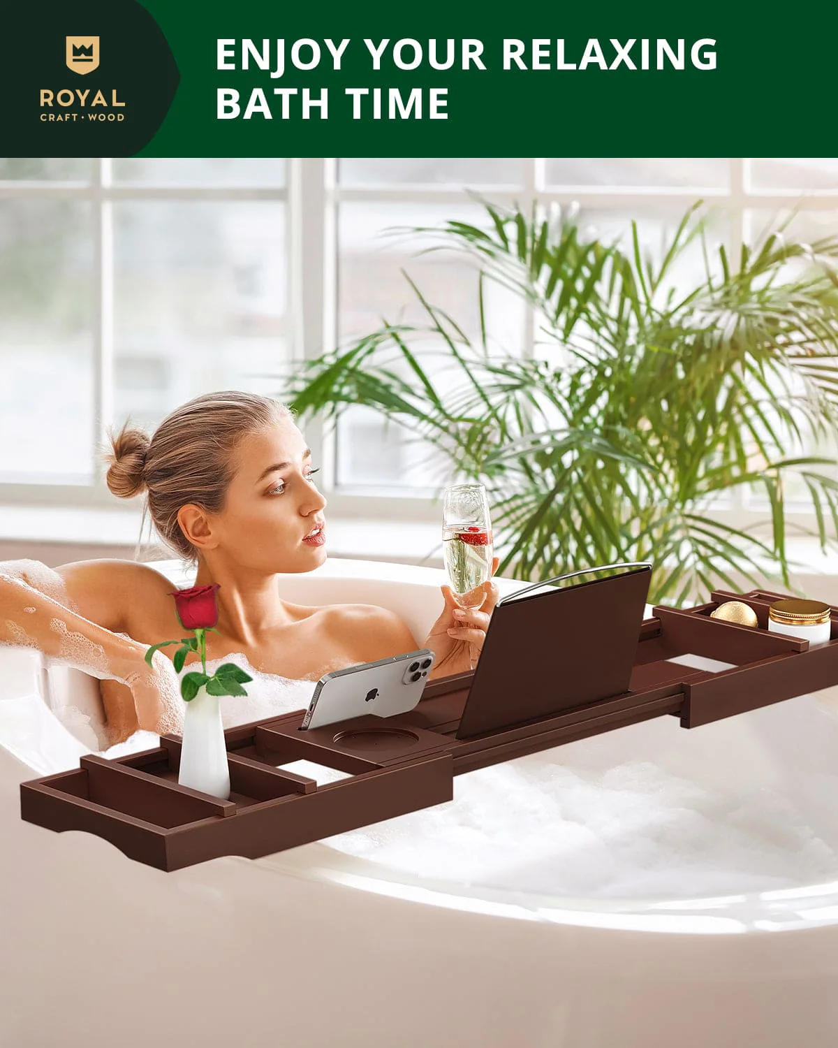 Foldable Bathtub Caddy Tray, Brown - Image 8