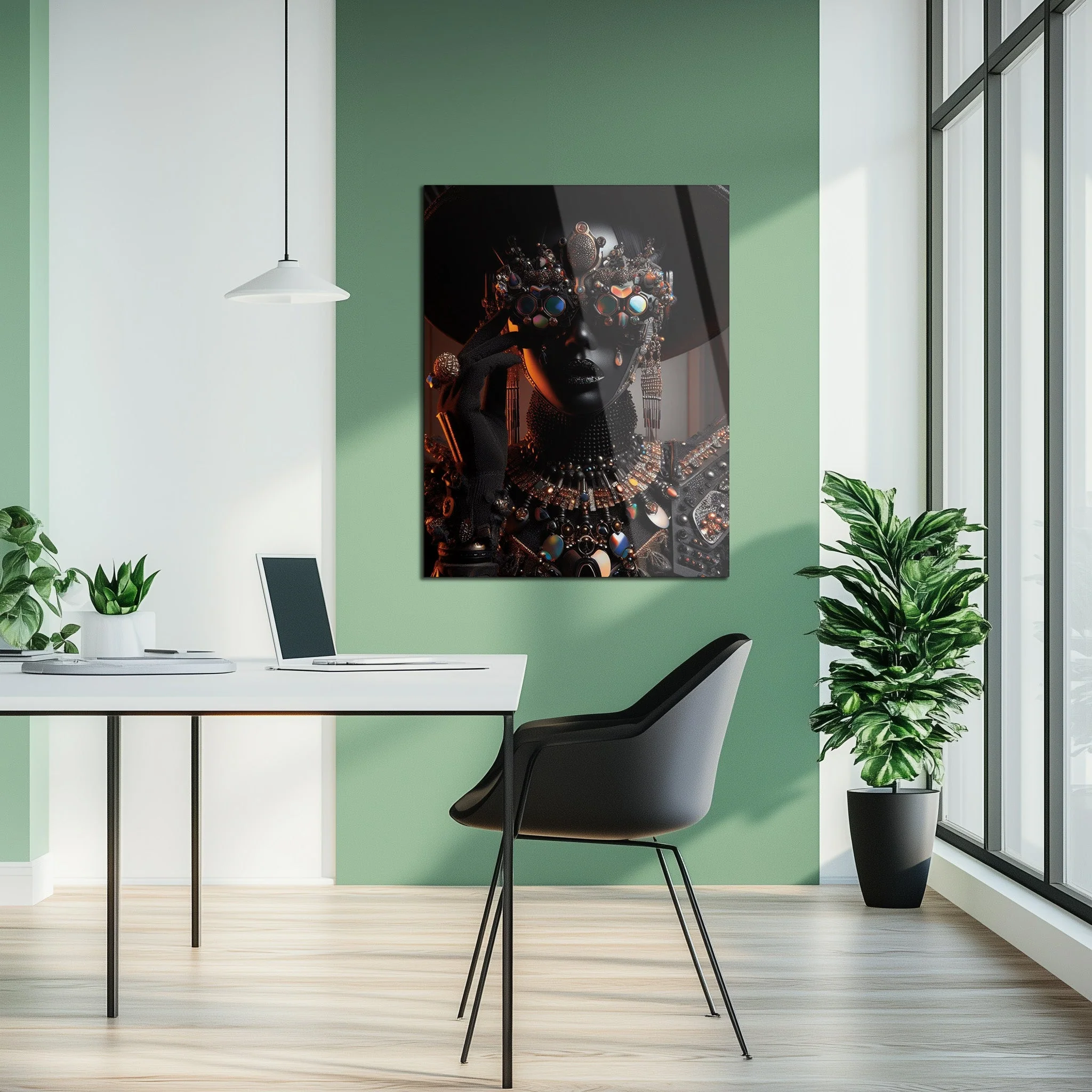 Futuristic Black Diva Portrait UV Glass Wall Art – Opulent Cyber Couture Aesthetic-KAFCD073