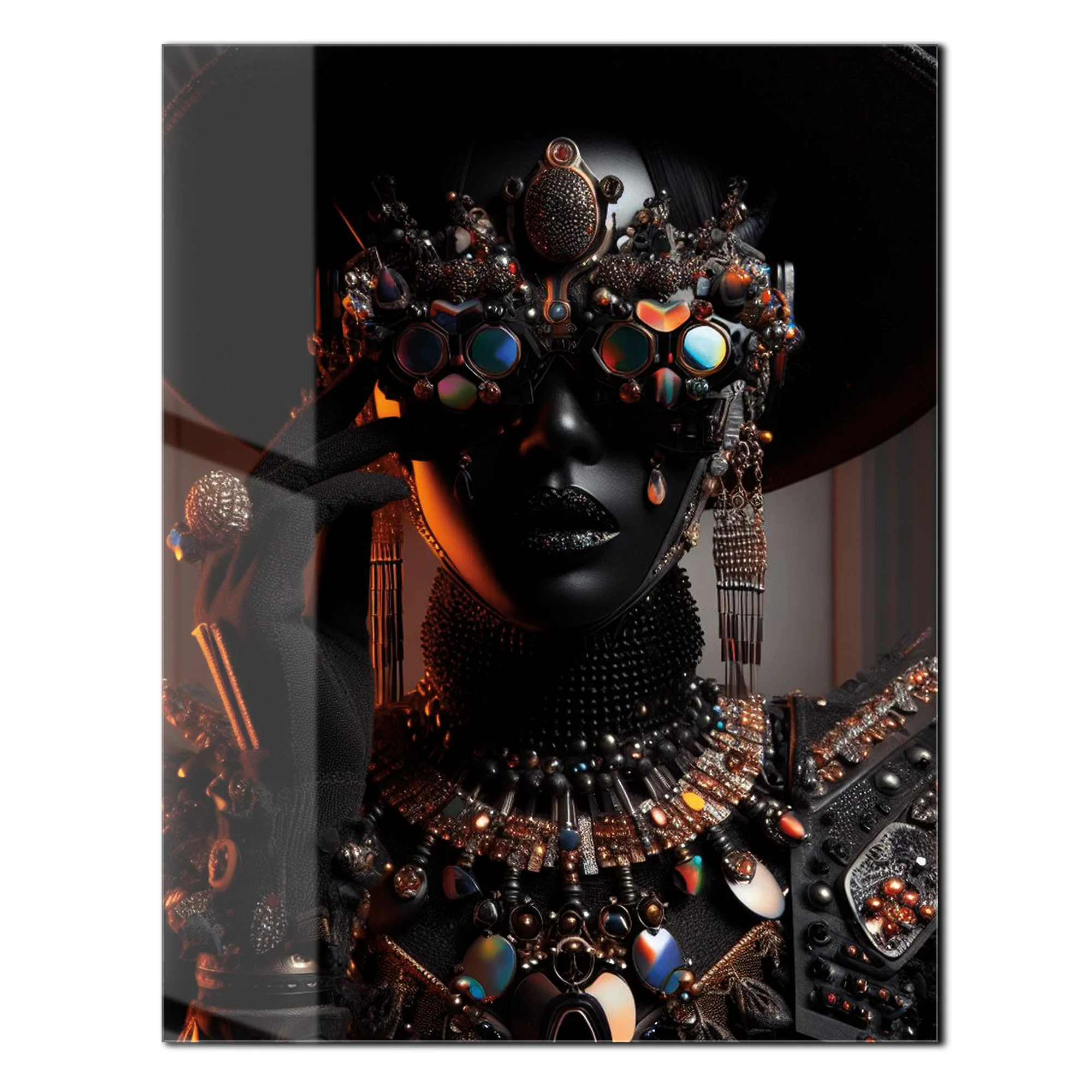 Futuristic Black Diva Portrait UV Glass Wall Art – Opulent Cyber Couture Aesthetic-KAFCD073 - Image 3