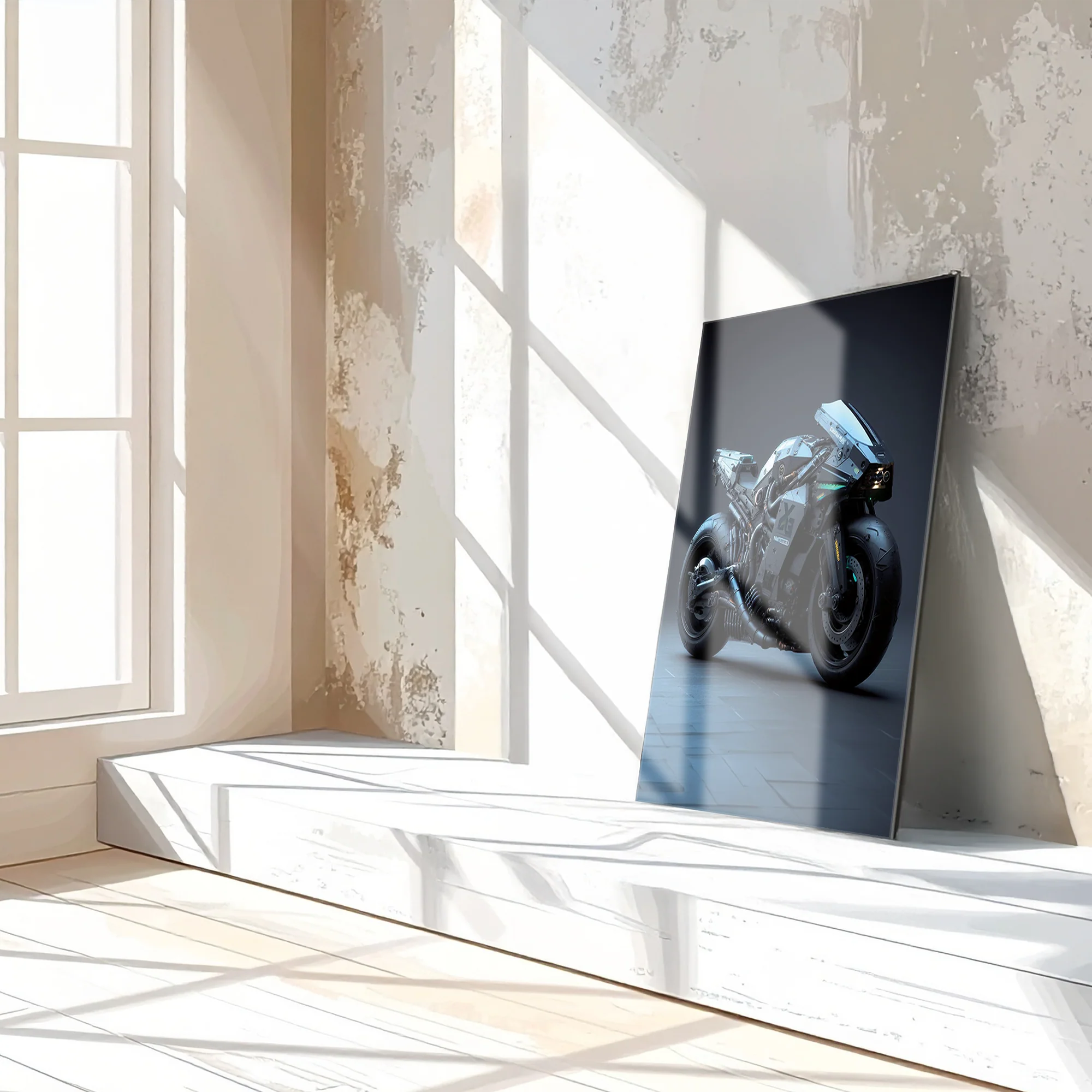 Futuristic Cyberbike Glass Wall Art – High-Tech Motorcycle UV Print Design-KAFCD029 - Image 3