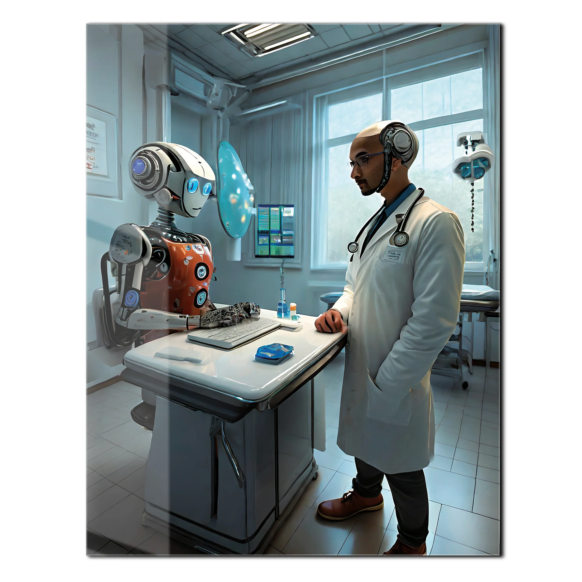 Futuristic Doctor and Robot Patient – UV Printed Glass Wall Art for Sci-Fi Lovers - KAFCD107 - Image 2