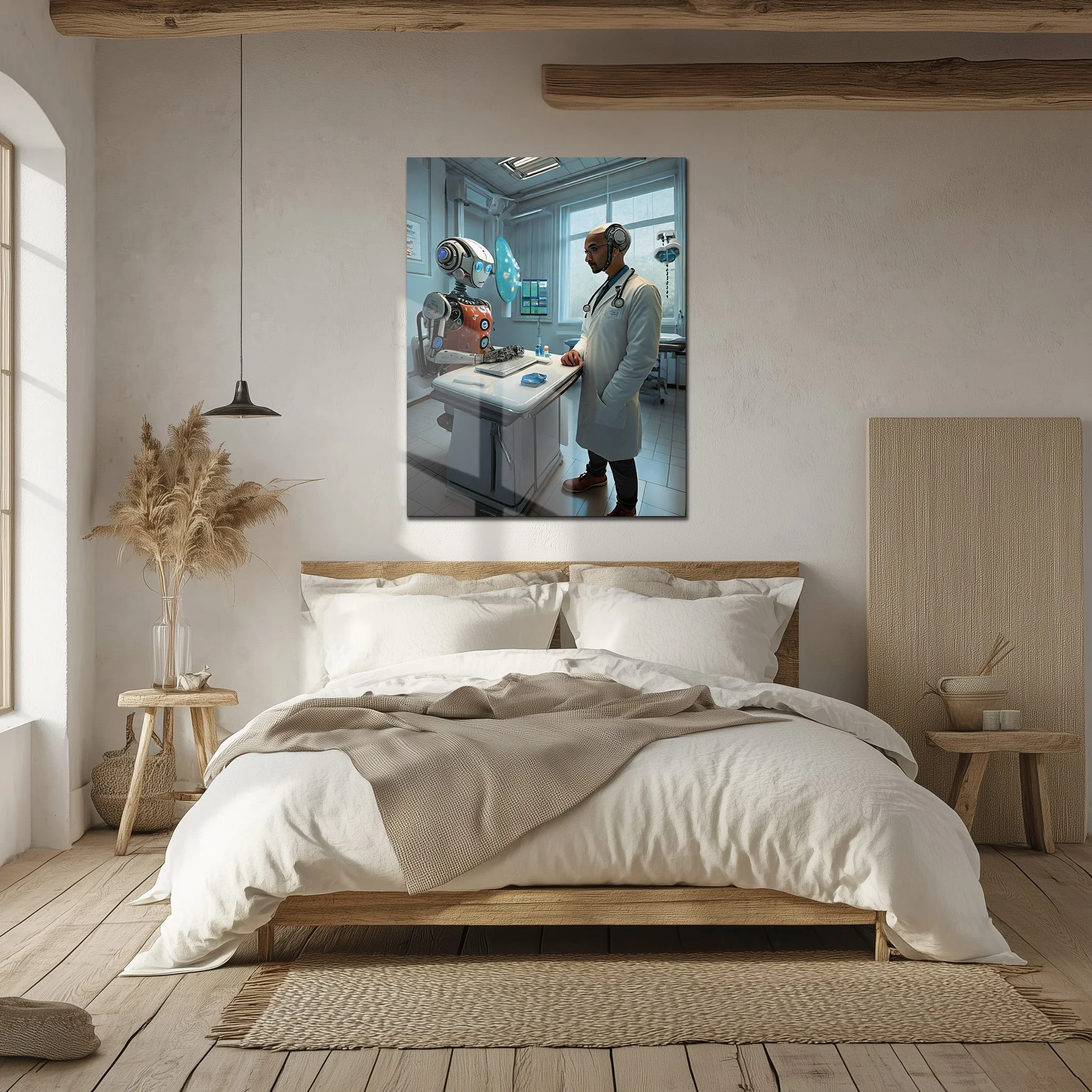 Futuristic Doctor and Robot Patient – UV Printed Glass Wall Art for Sci-Fi Lovers - KAFCD107 - Image 5