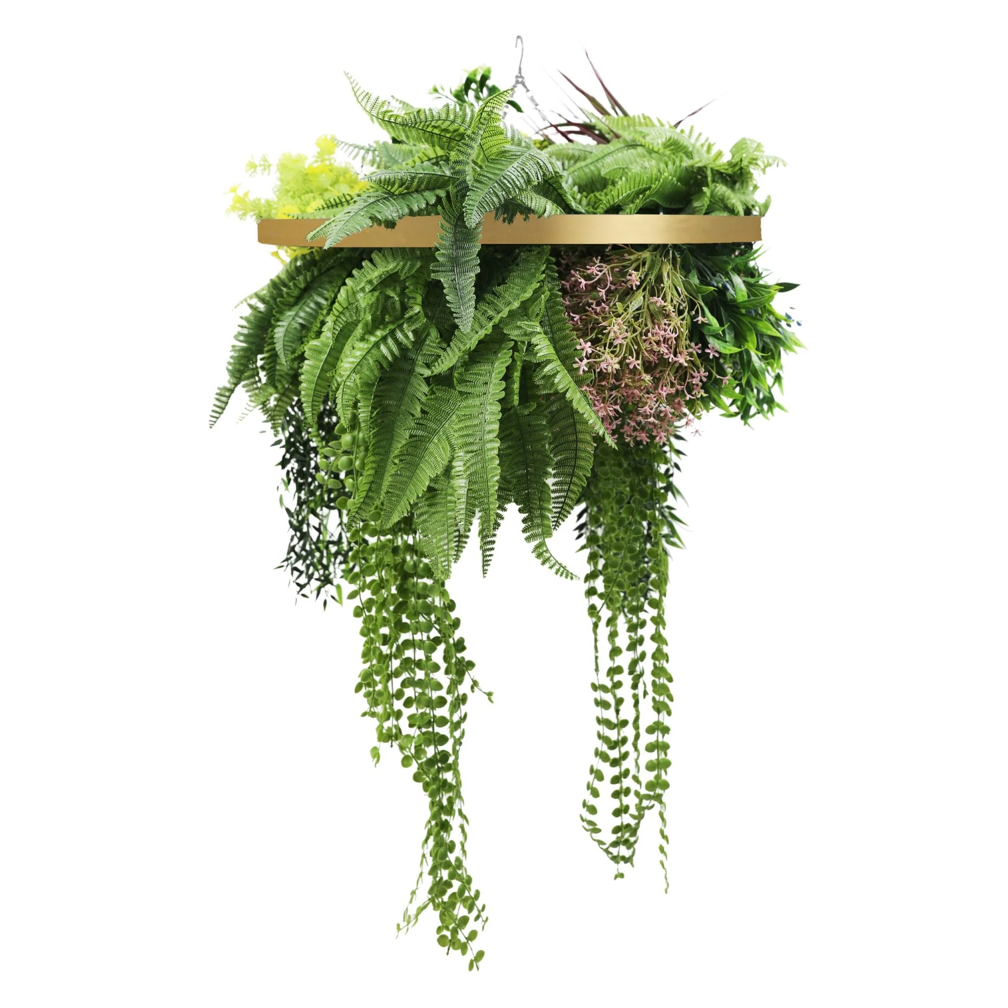 Gold Framed Roof Hanging Disc With Tropical Foliage Mix and Draping Stems UV Resistant Medium