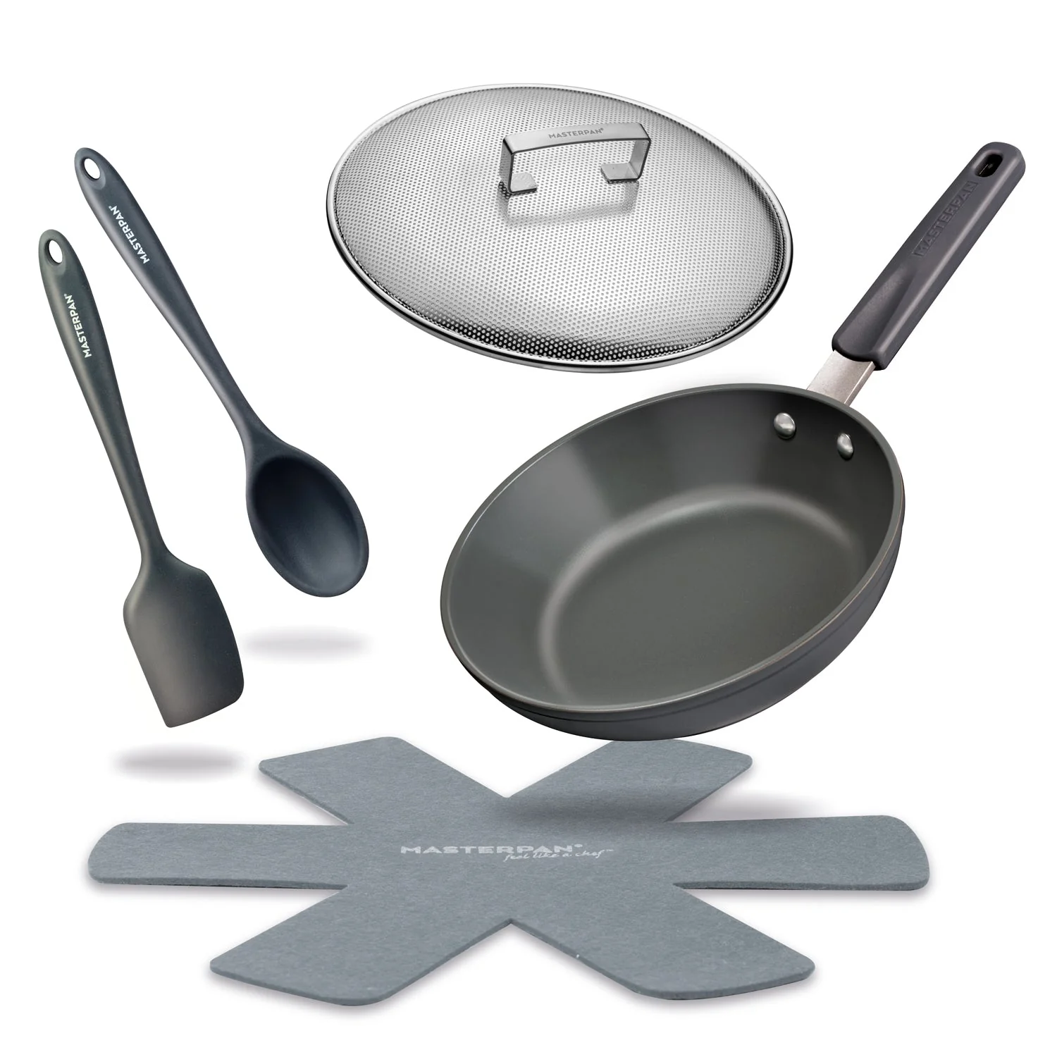 MASTERPAN Ceramic Nonstick Stovetop Oven Frypan & Skillet with Stainless Steel Lid & Utensils, Grey 9.5" (24cm)
