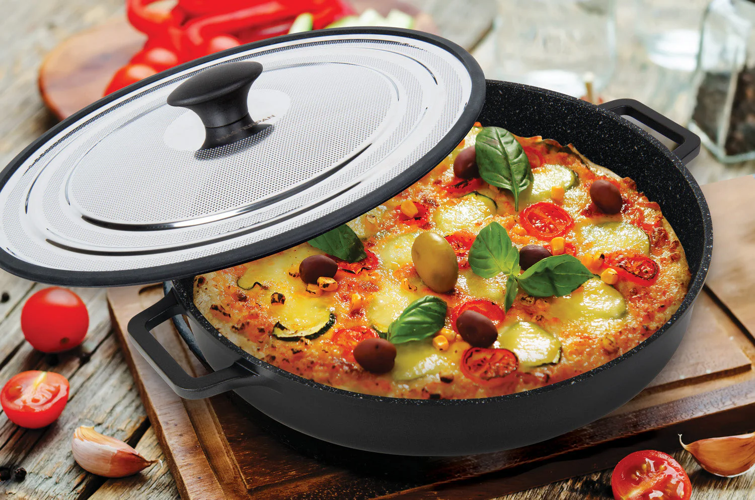 MASTERPAN Nonstick Stovetop Oven Grill Pan & Stainless Steel Lid, Black 12" (30cm) - Image 2