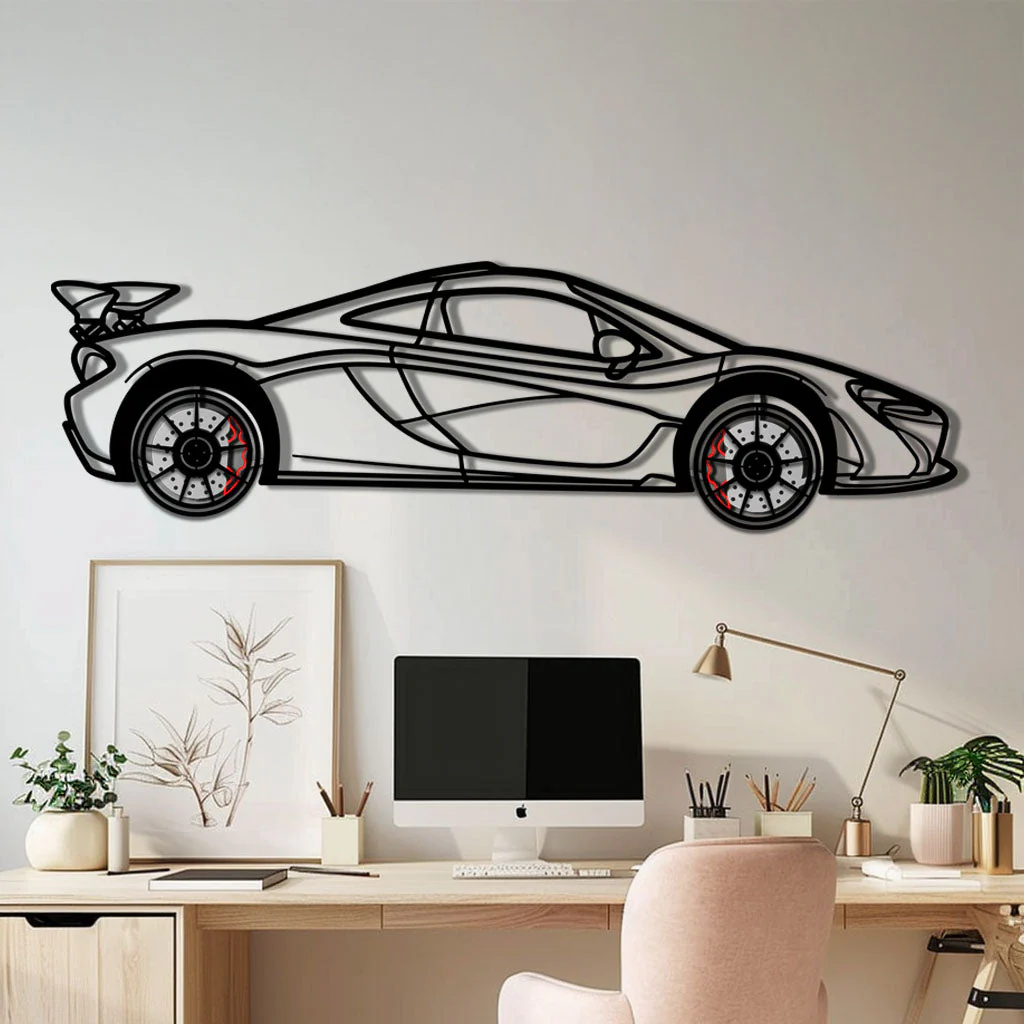 McLaren P1 Metal Car Wall Art with Rotating Wheels - Ultimate Hybrid Hypercar Silhouette - Interactive Automotive Wall Decor - KAFMEKA150