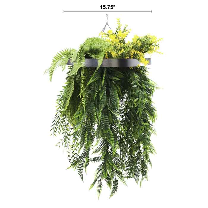 Silver Framed Roof Hanging Disc With Bright Tropical Foliage Mix and Draping Ferns UV Resistant Small - Image 3