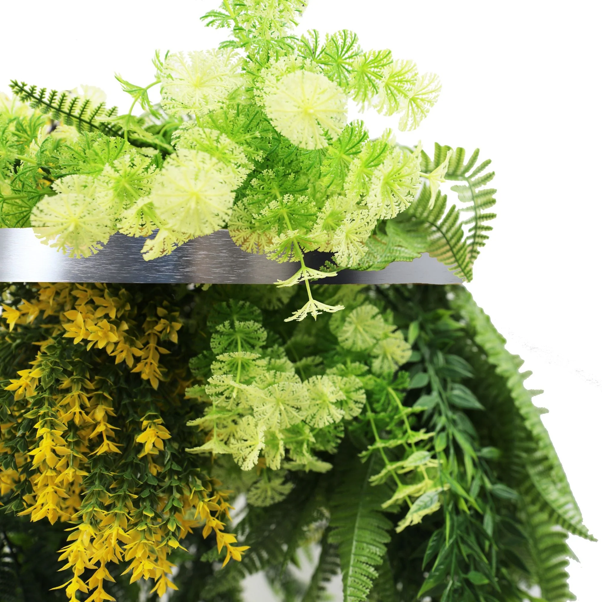 Silver Framed Roof Hanging Disc With Bright Tropical Foliage Mix and Draping Ferns UV Resistant Small - Image 4