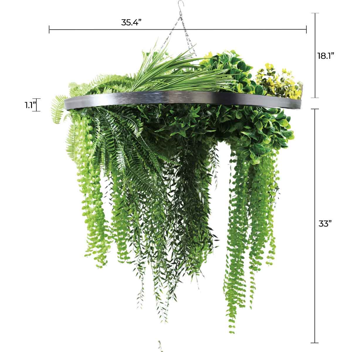 Silver Framed Roof Hanging Disc With Draping Life-Like Ferns and Plants UV Resistant Large - Image 2