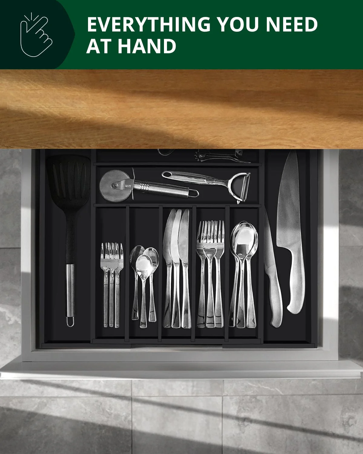 Silverware Drawer Organizer, Black (9 Slots) - Image 3