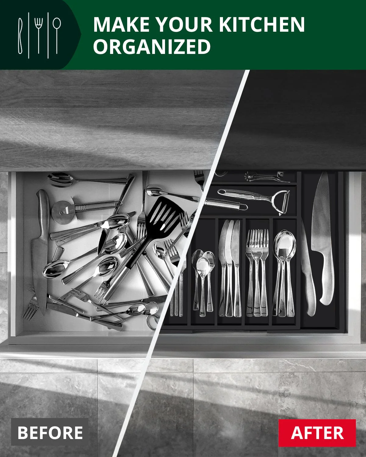 Silverware Drawer Organizer, Black (9 Slots) - Image 6