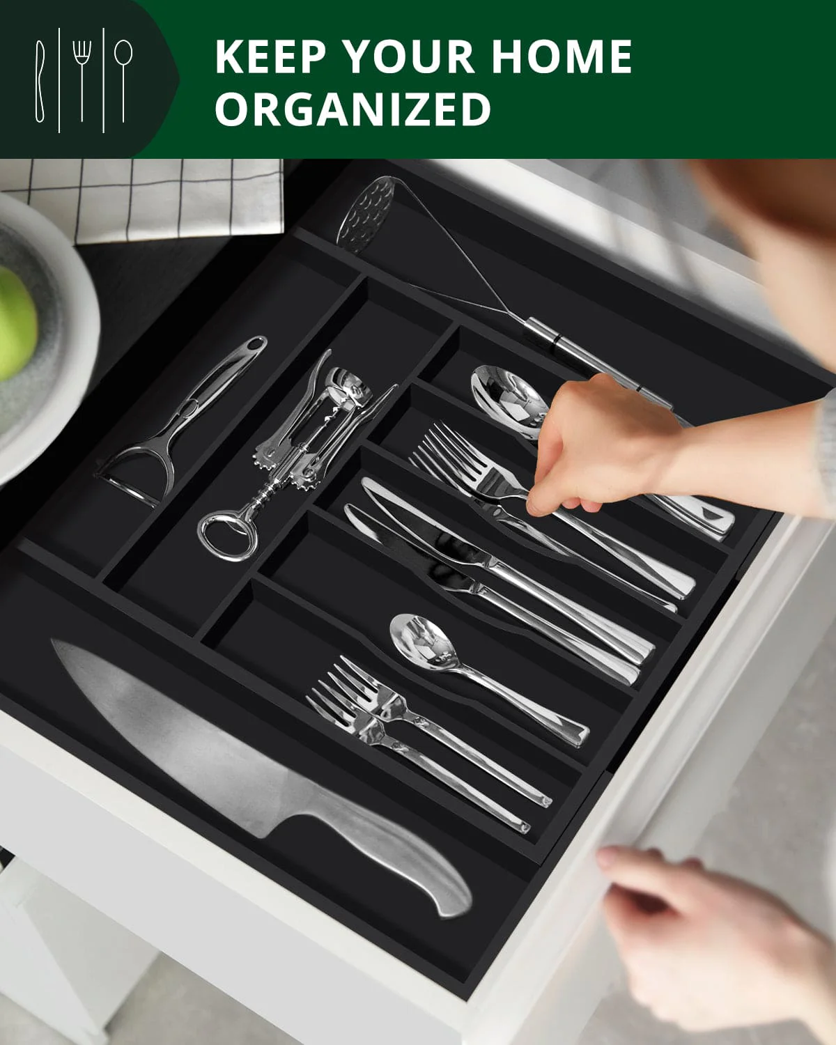 Silverware Drawer Organizer, Black (9 Slots) - Image 7