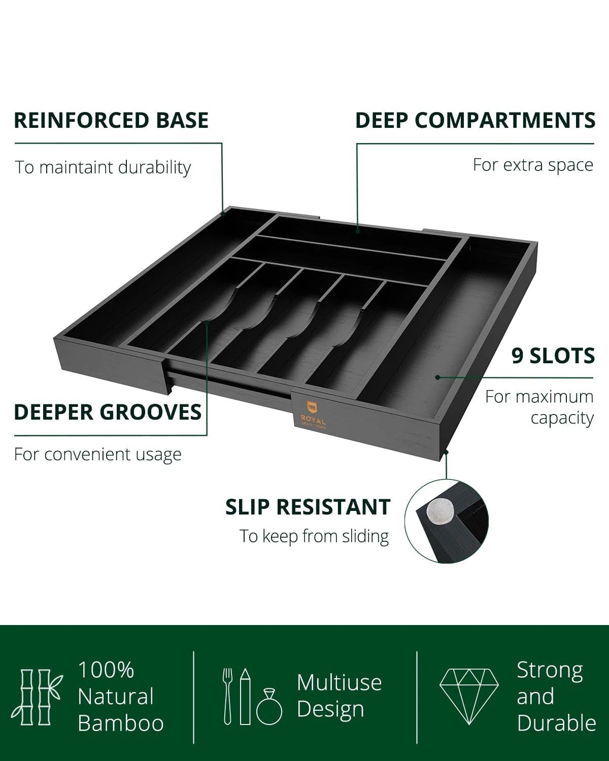 Silverware Drawer Organizer, Black (9 Slots) - Image 8