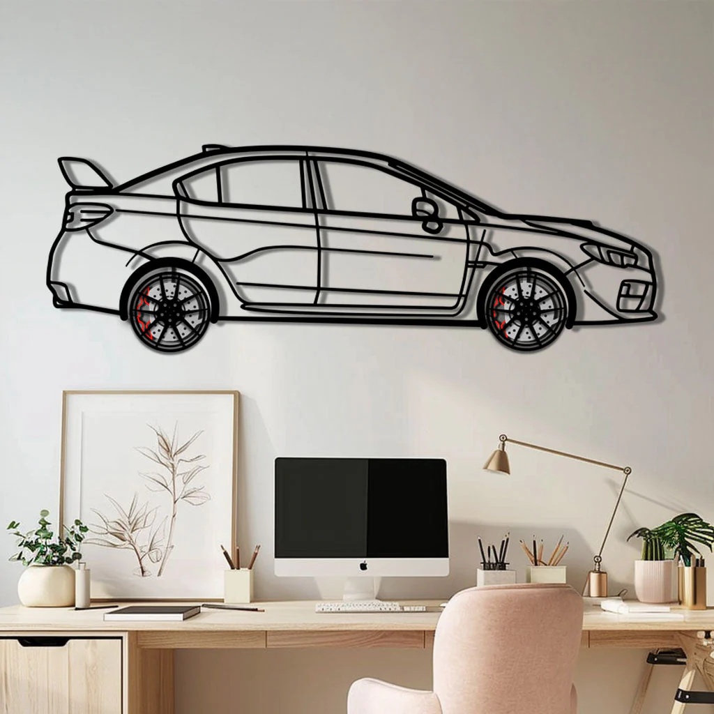 Subaru WRX Metal Car Wall Art with Rotating Wheels - Rally Legend Silhouette - Interactive Automotive Wall Decor - KAFMEKA155
