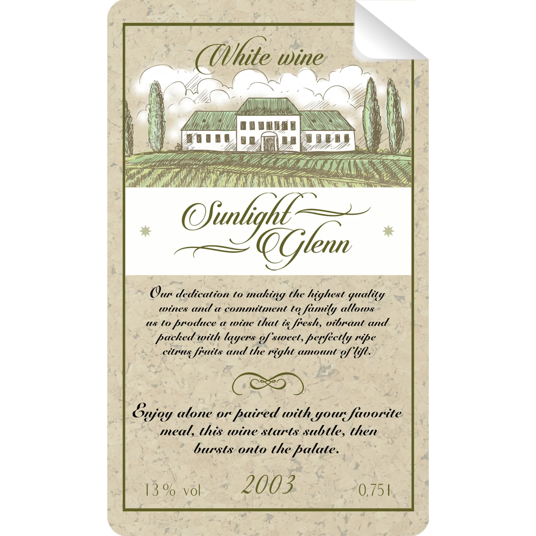 Sunlight Glenn Wine Bottle Self Prop Adhesive Label