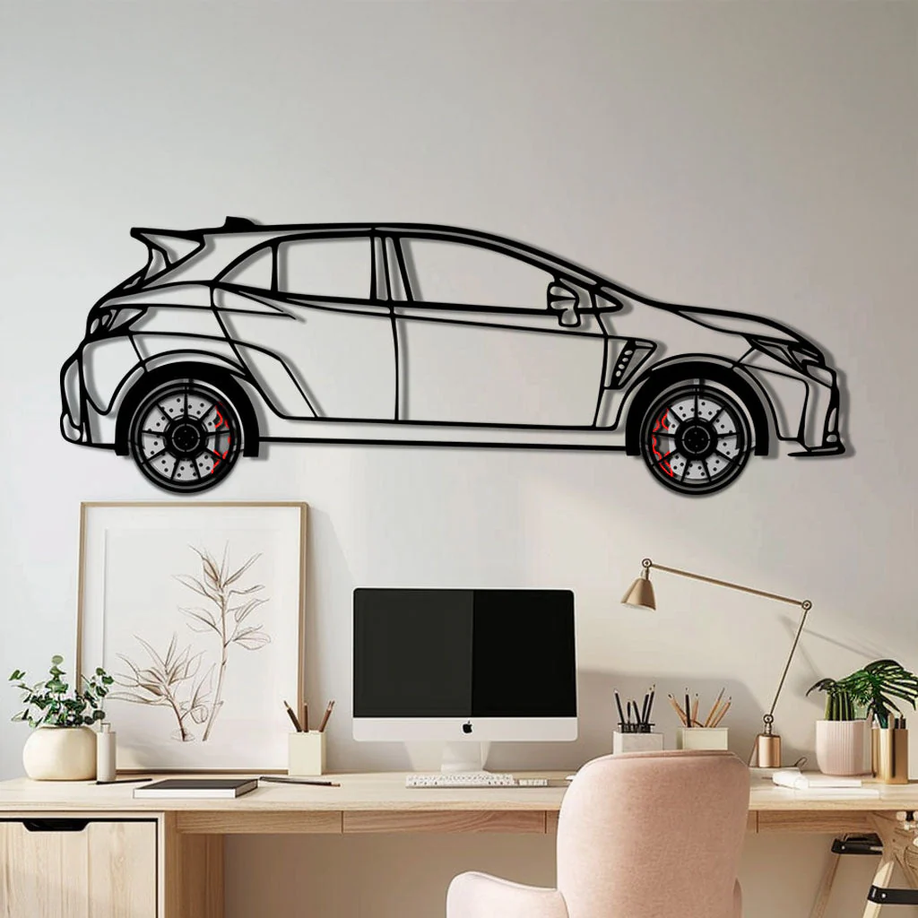 Toyota GR Corolla Metal Car Wall Art with Rotating Wheels - Rally-Inspired Hot Hatch Silhouette - Interactive JDM Automotive Decor - KAFMEKA158