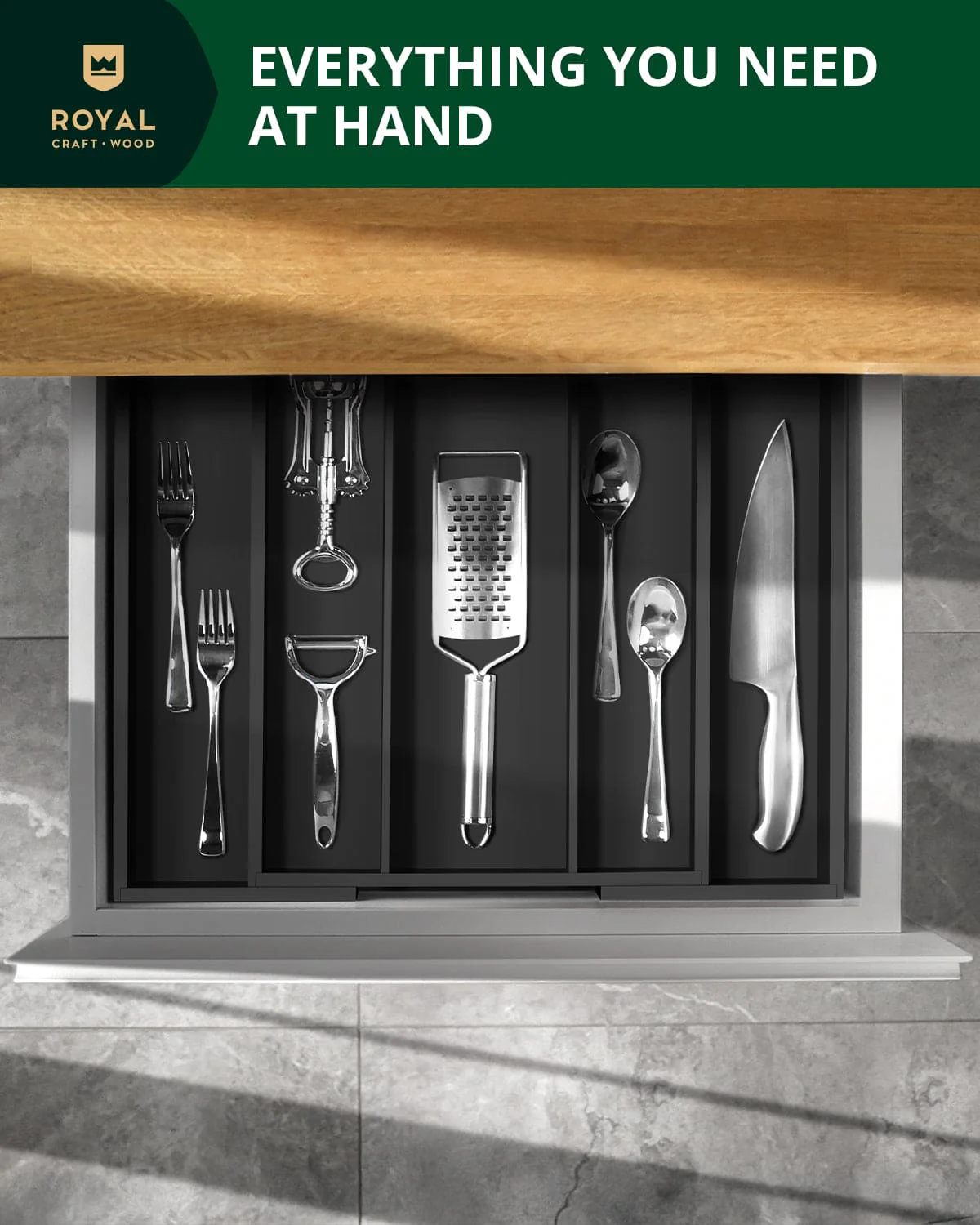 Utensil Drawer Organizer, Black (5 Slots) - Image 7