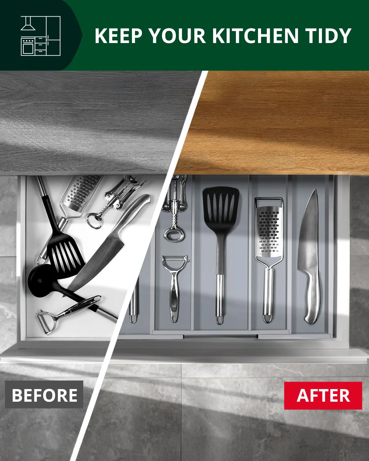 Utensil Drawer Organizer, Gray (5 Slots) - Image 5