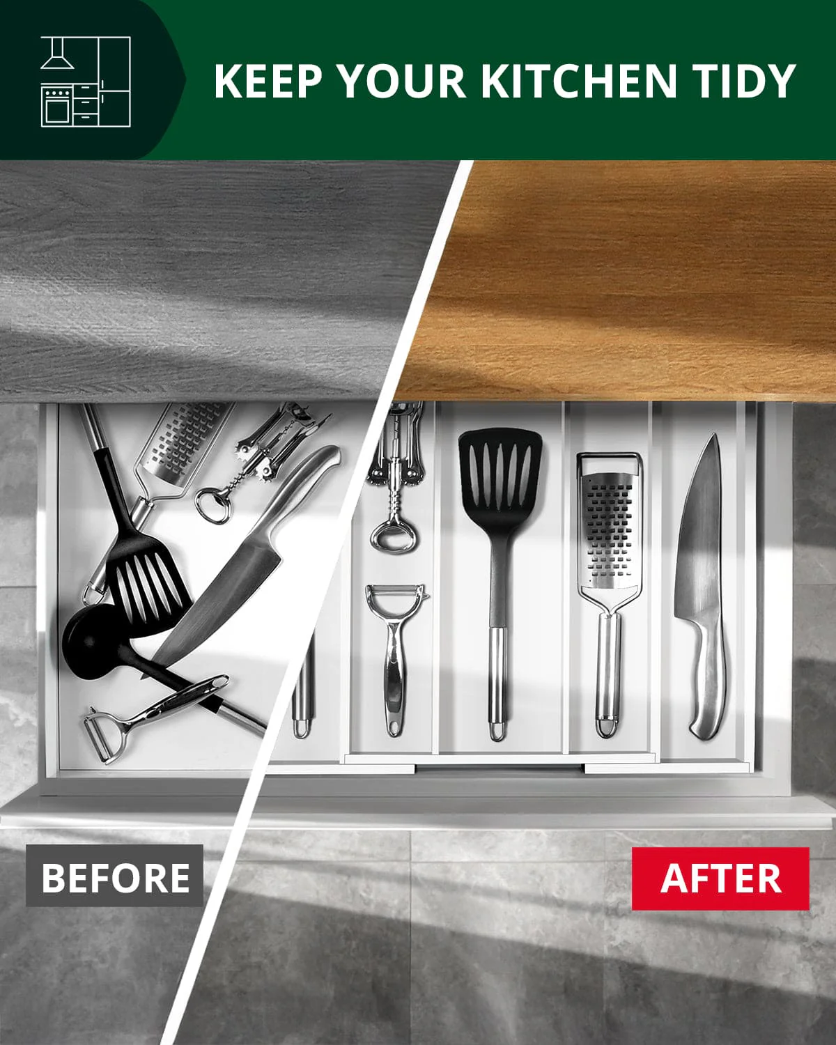 Utensil Drawer Organizer, White (5 Slots) - Image 3